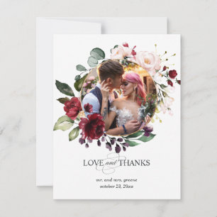 Floral Framed in Burgundy, Pink, Eggplant Wedding Thank You Card