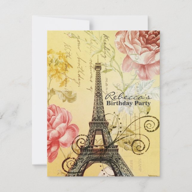 floral french Eiffel Tower Parisian birthday party Invitation (Front)