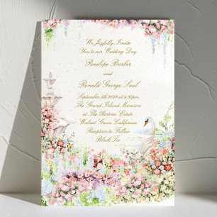 floral french romantic garden chateau swan wedding invitation