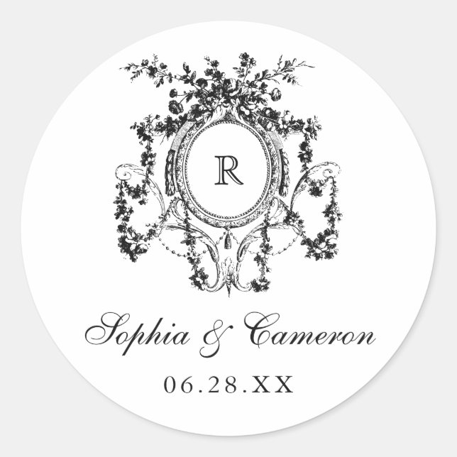 Floral French Roses Crest Wedding Monogram Classic Round Sticker (Front)