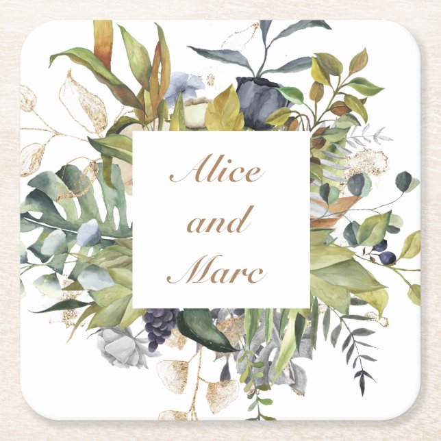 Floral fruit fall harvest frame square paper coaster (Front)