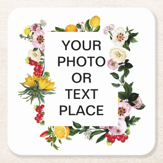 Floral fruity customizable Mediterranean frame Coa Square Paper Coaster (Front)