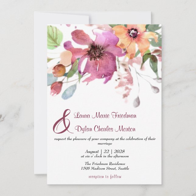 Floral, Fuchsia and Orange Flowers Invitation (Front)