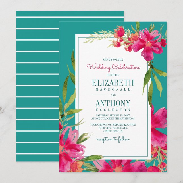 Floral Fuchsia | Turquoise Watercolor Wedding Invitation (Front/Back)
