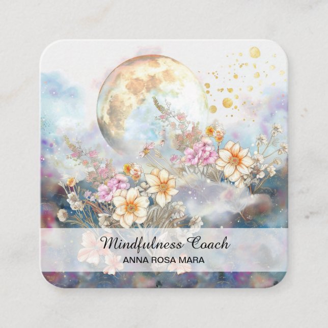 *~* Floral Full Moon Flowers Ethereal QR - AP70 Square Business Card (Front)