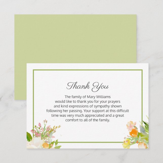 Floral Funeral Family Thank You Note Card (Front/Back)