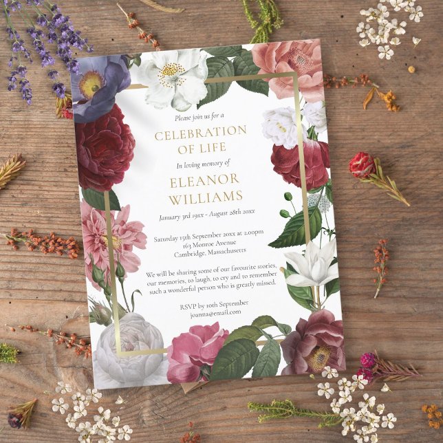 Floral Funeral Gold Celebration of Life Announcement Postcard (Floral Funeral Gold Celebration of Life Announcement Postcard)