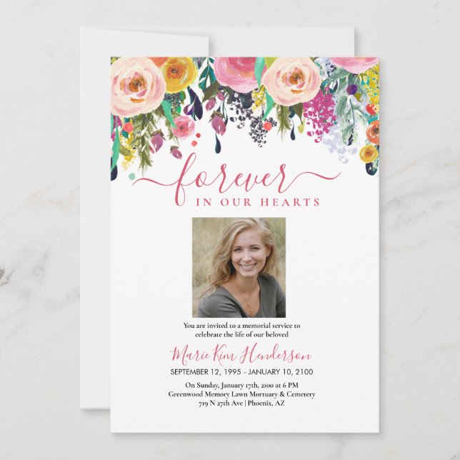 Floral Funeral Memorial Service Photo  Invitation (Front)