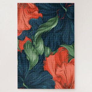 Floral Fusion-Navy and Tangerine Jigsaw Puzzle