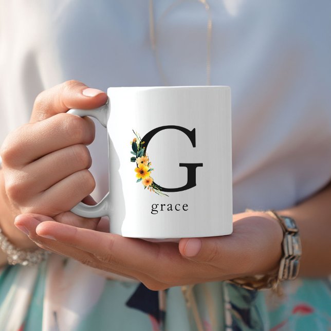 Floral G Monogram Mug with Editable Name (Floral G Monogram Mug with Editable Name. Yellow, Orange & Greenery Watercolor Flowers.)