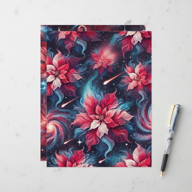 Floral Galaxy Poinsettia Pattern Scrapbook Paper (Front/Back In Situ)