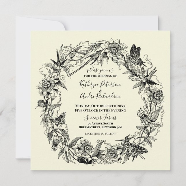 Floral Garden and Butterfly Wreath Wedding Invitation (Front)