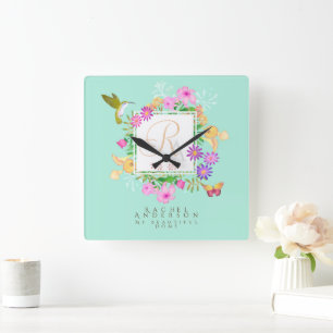 Floral Garden Aqua Monogram  Square Wall Clock