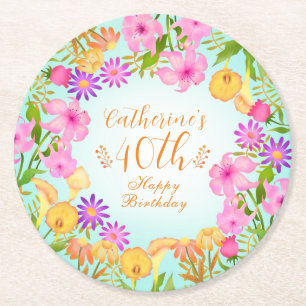 Floral Garden Aqua Round Paper Coaster