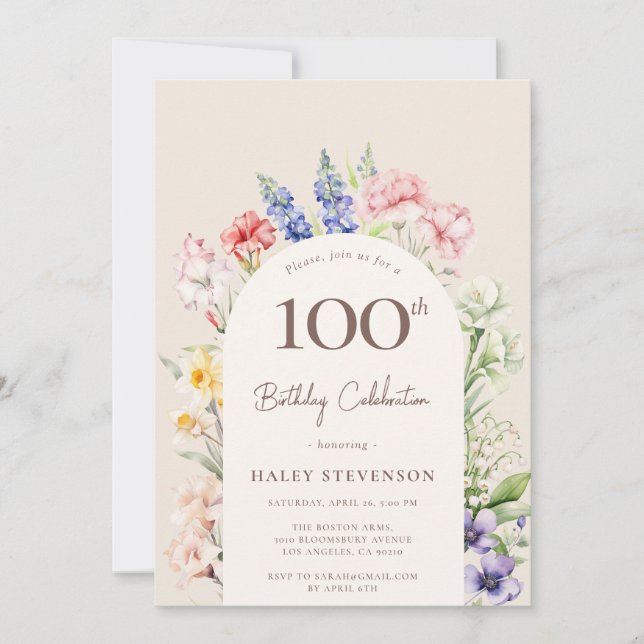 Floral Garden Arch Whimsical Beige 100th Birthday Invitation (Front)