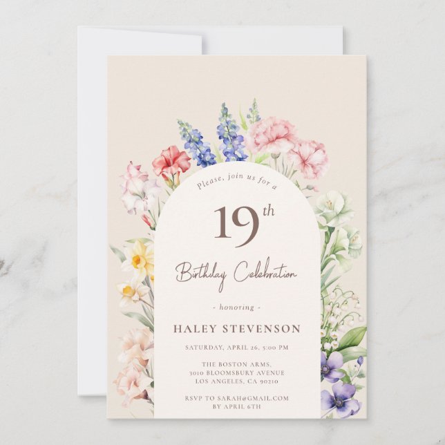 Floral Garden Arch Whimsical Beige 19th Birthday Invitation (Front)