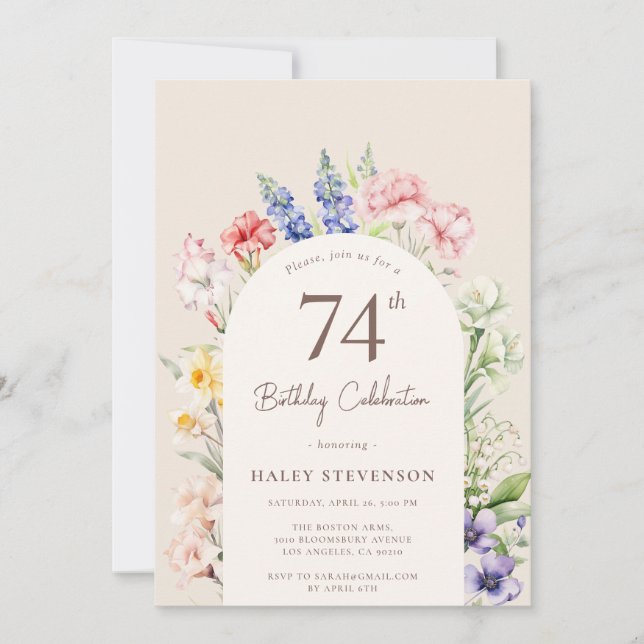 Floral Garden Arch Whimsical Beige 74th Birthday Invitation (Front)
