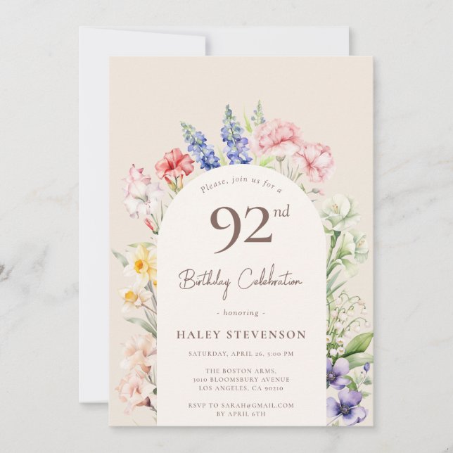 Floral Garden Arch Whimsical Beige 92nd Birthday Invitation (Front)
