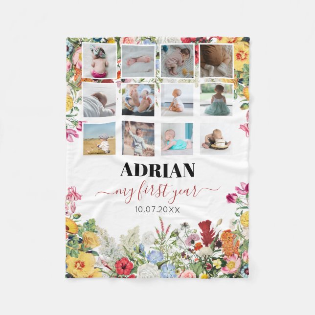 Floral Garden Baby First Year Photo Collage Fleece Blanket (Front)