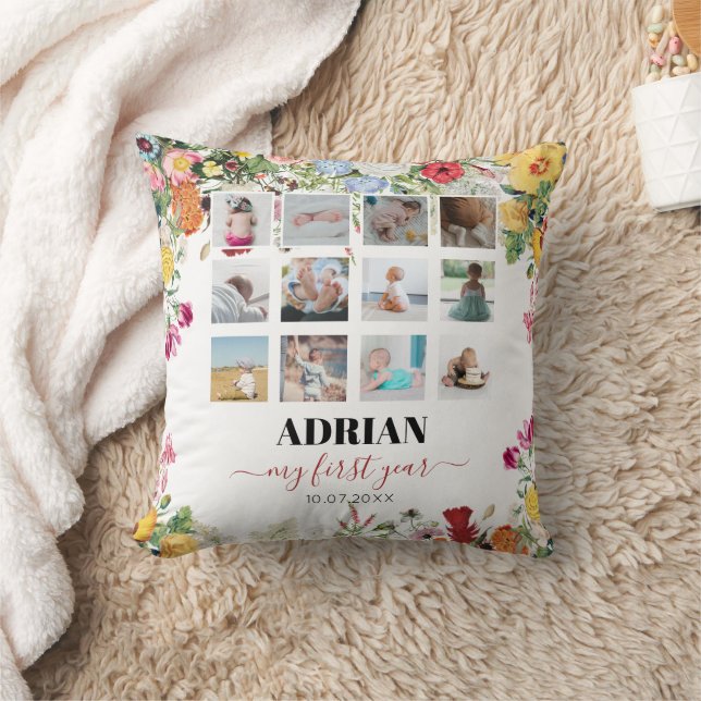 Floral Garden Baby First Year Photo Collage Throw Pillow (Blanket)