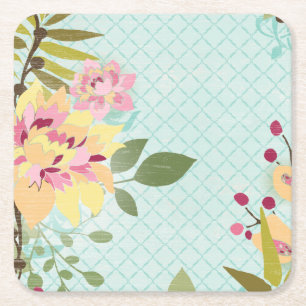 Floral Garden, Blue Background Square Paper Coaster