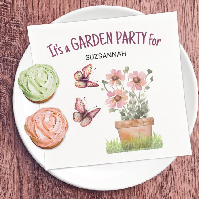 Floral Garden Butterflies Dragonflies Watercolor  Napkin (Keep or move text on this butterfly and flower fun summer vibe party napkin for any gathering.)