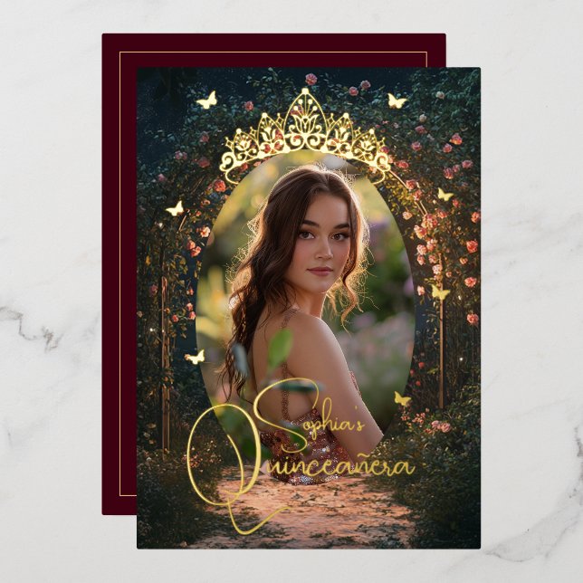 Floral Garden Butterfly Photo Burgundy Quinceanera (Front/Back)