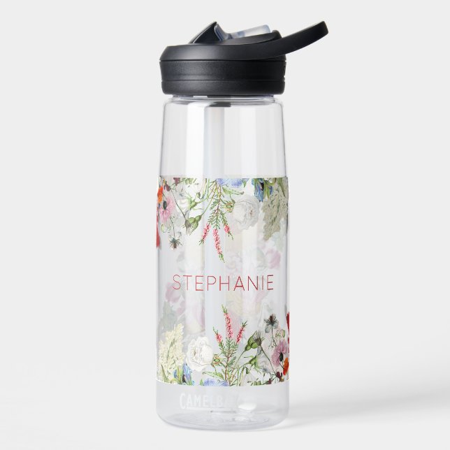 Floral Garden Colourful Flowers Custom Name Water Bottle (Left)