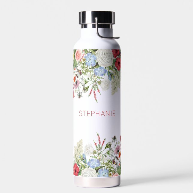 Floral Garden Colourful Flowers Custom Name  Water Bottle (Left)