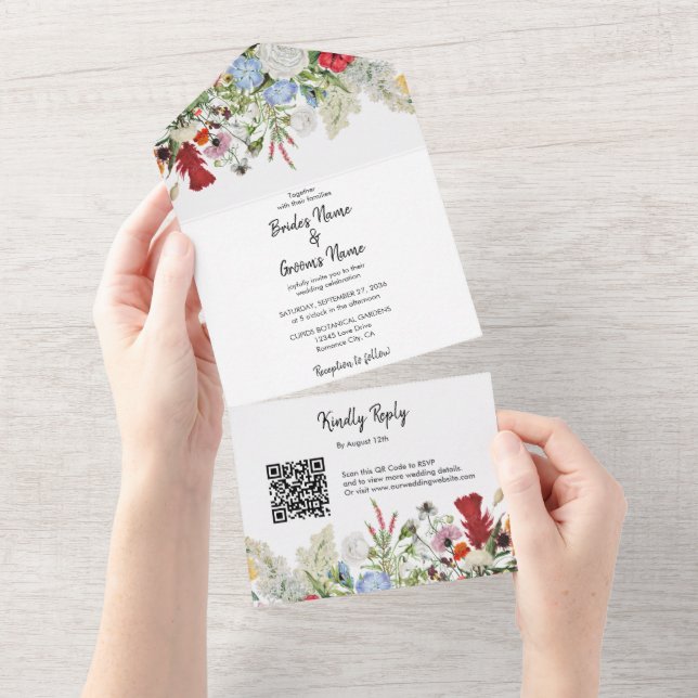 Floral Garden Colourful Flowers Wedding QR Code All In One Invitation (Tearaway)