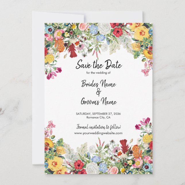 Floral Garden Colourful Flowers Wedding Save The Date (Front)