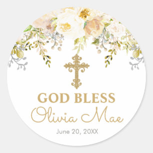 Floral Garden Cream and Gold Baptism Favour Classic Round Sticker