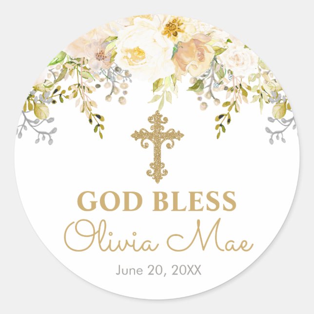 Floral Garden Cream and Gold Baptism Favour Classic Round Sticker (Front)