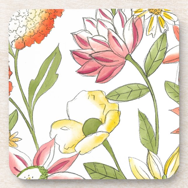 Floral Garden Design with White Background Coaster (Front)