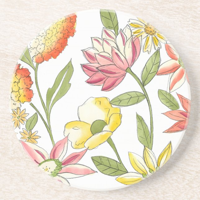 Floral Garden Design with White Background Coaster (Front)