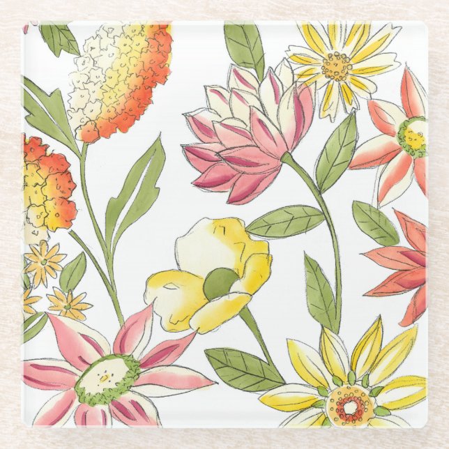 Floral Garden Design with White Background Glass Coaster (Front)