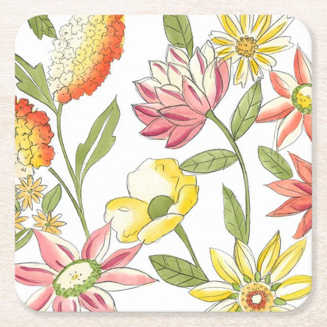 Floral Garden Design with White Background Square Paper Coaster (Front)