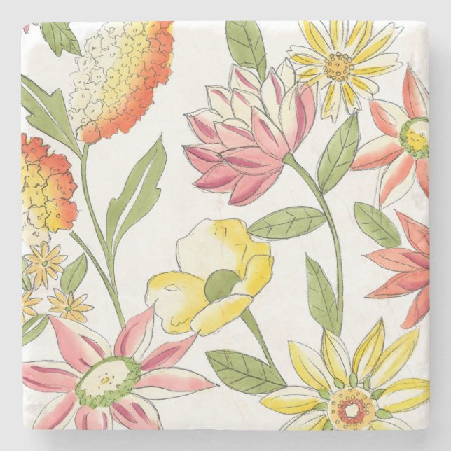 Floral Garden Design with White Background Stone Coaster (Front)