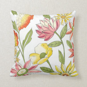 Floral Garden Design with White Background Throw Pillow