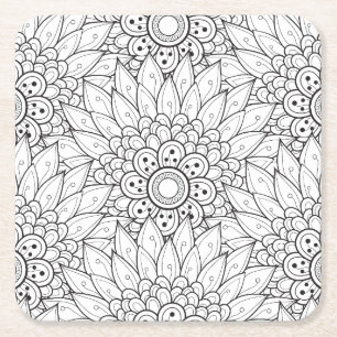 Floral Garden Doodle Square Paper Coaster
