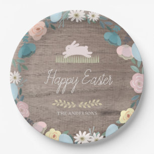 Floral Garden Easter Bunny Eggs Rustic Wood Paper Plate