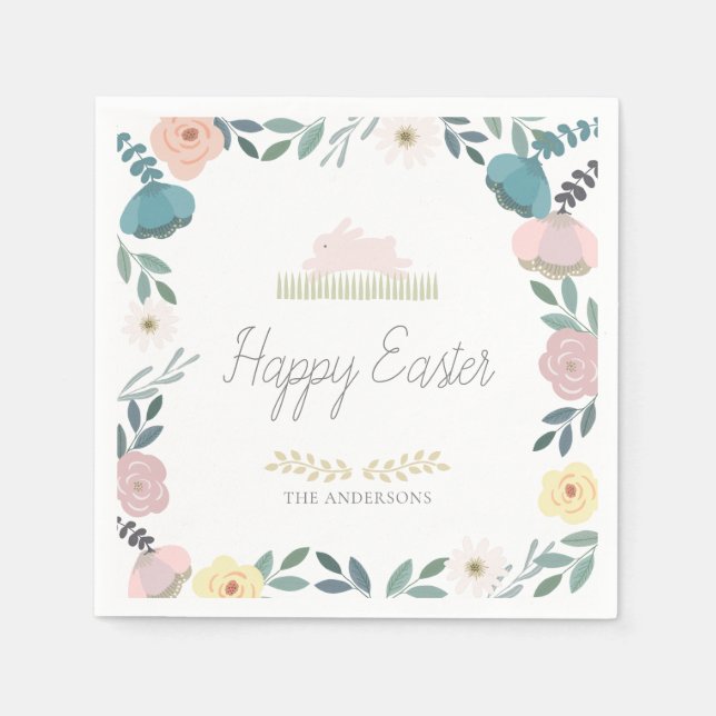 Floral Garden Easter Bunny White Napkin (Front)