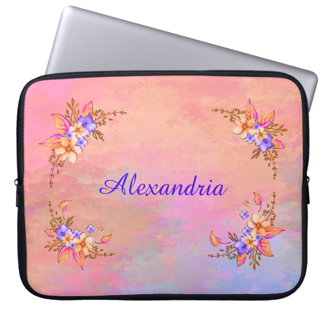 Floral Garden Elegant Pink Watercolor Personalize Laptop Sleeve (Front)