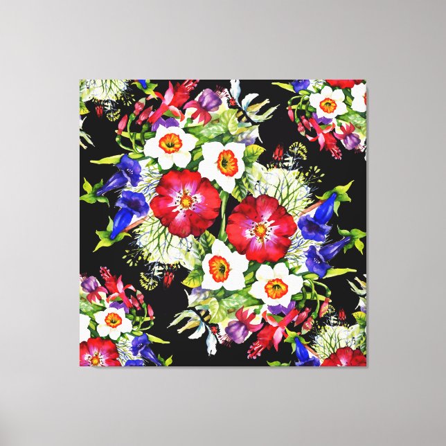 Floral Garden Flowers Narcissus Foliage White Red Canvas Print (Front)