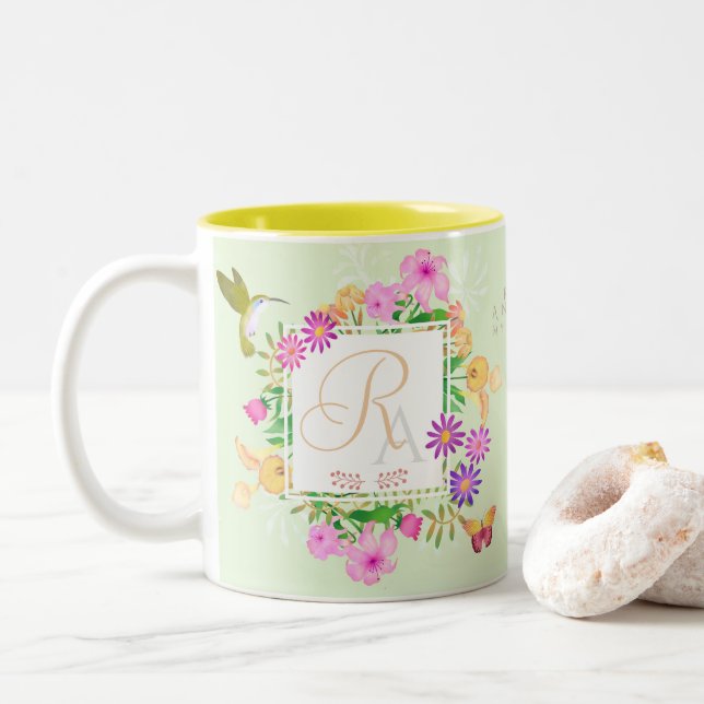 Floral Garden Green Monogram Mug (With Donut)