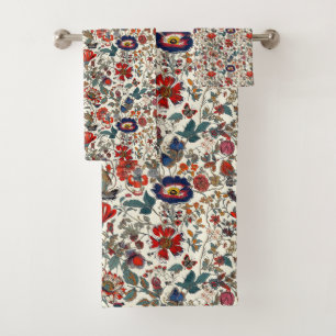 Floral Garden in Reds and Dark Blues Bath Towel Set