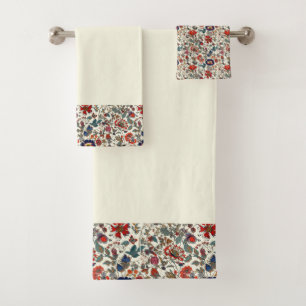 Floral Garden in Reds Border on Cream Background Bath Towel Set