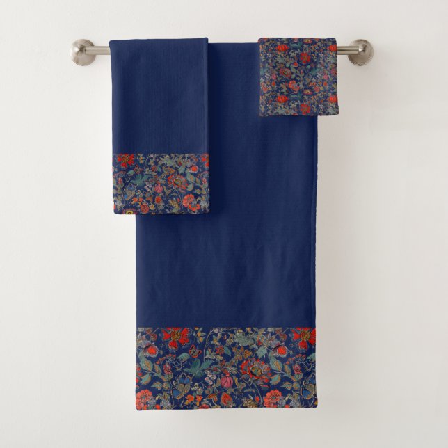 Floral Garden in Reds Border on Dark Blue Bath Towel Set (Insitu)