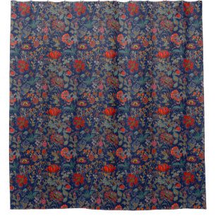 Floral Garden in Reds on Dark Blue Background
