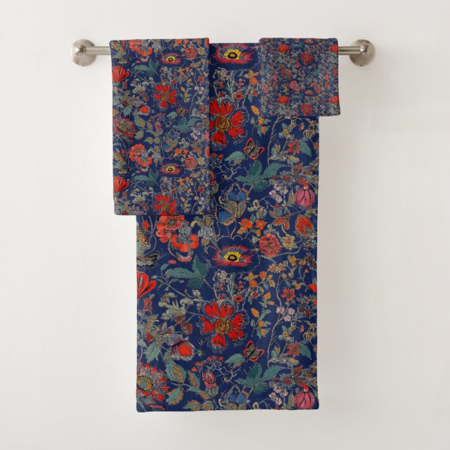 Floral Garden in Reds on Dark Blue Background Bath Towel Set (Insitu)